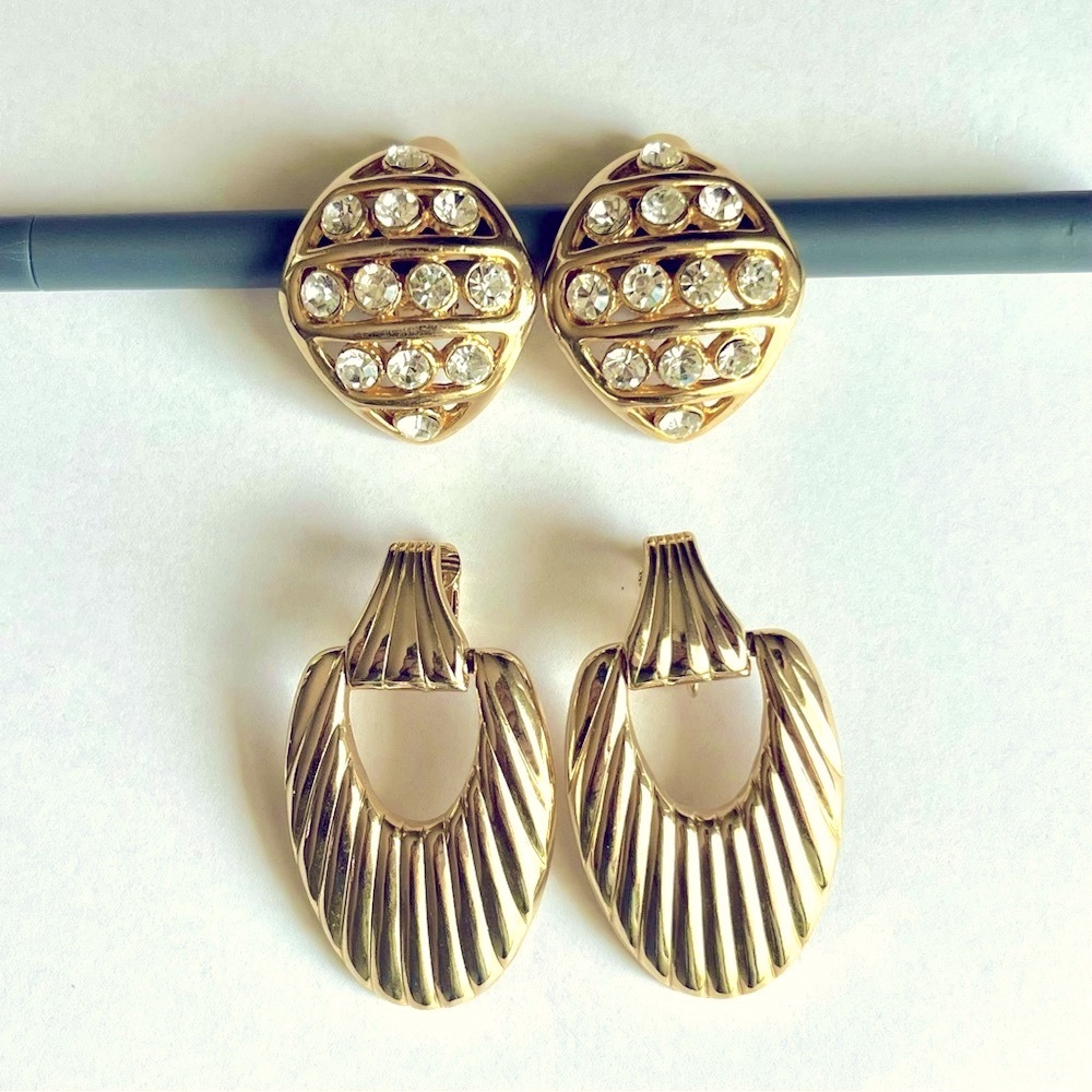 BOGO Vintage Clip-On Bundle - Two Pairs of Vintage Glam Gold Tone Earrings
